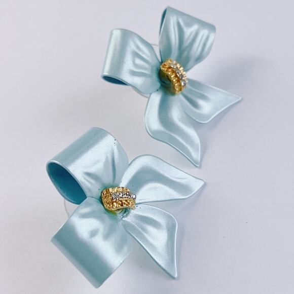VTG Enamel Bow Earrings Aqua Blue Gold Tone Rhinestone Post Dore Style 80s-90s - Picture 7 of 12